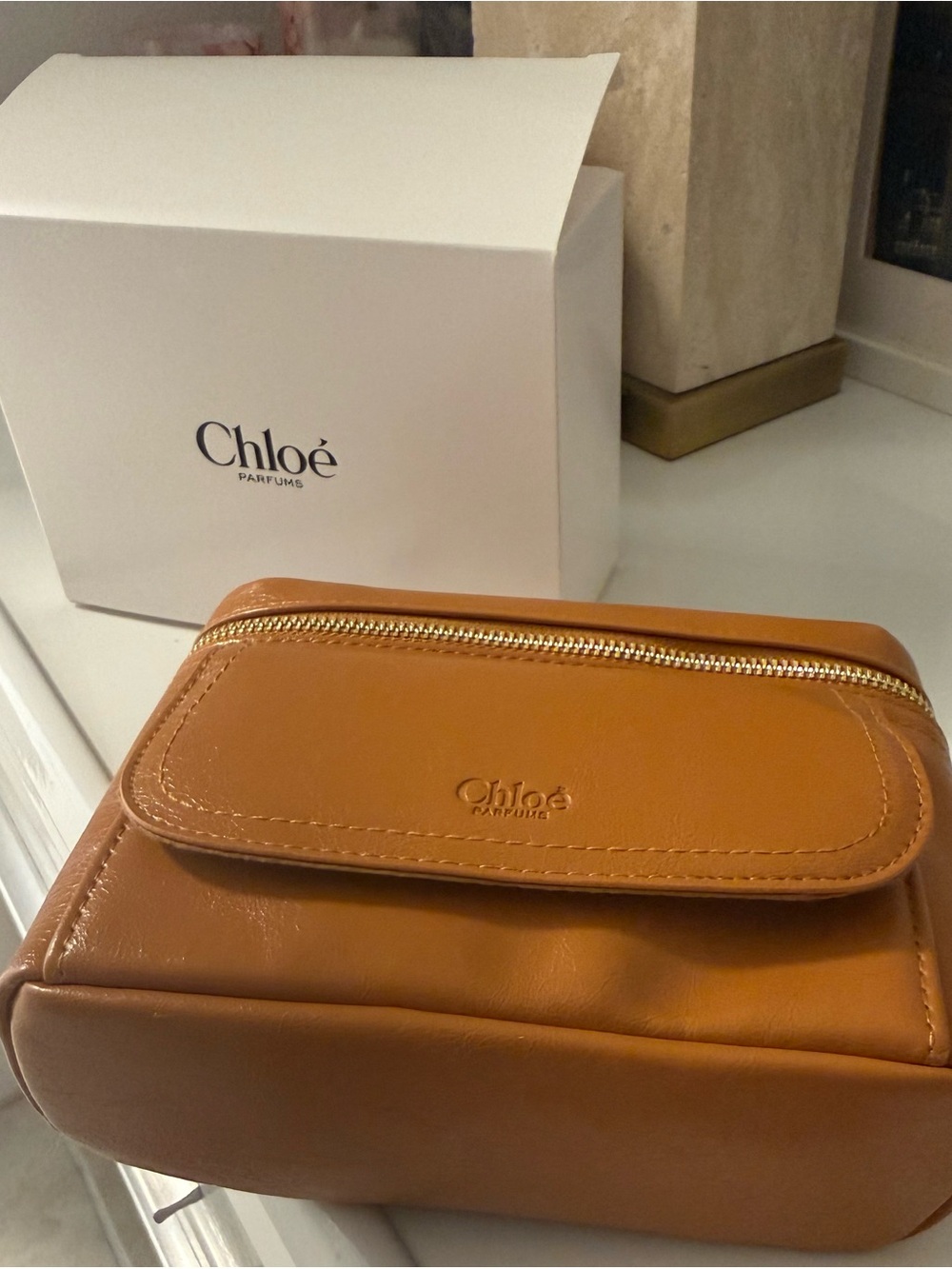 Chloé Cognac Faux Leather Toiletry Case with Front Pocket - Picture 2 of 6